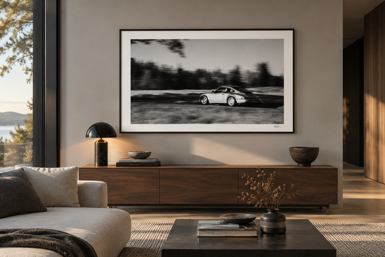 Velocity Study XII black and white Porsche 911 fine art print displayed in a contemporary interior