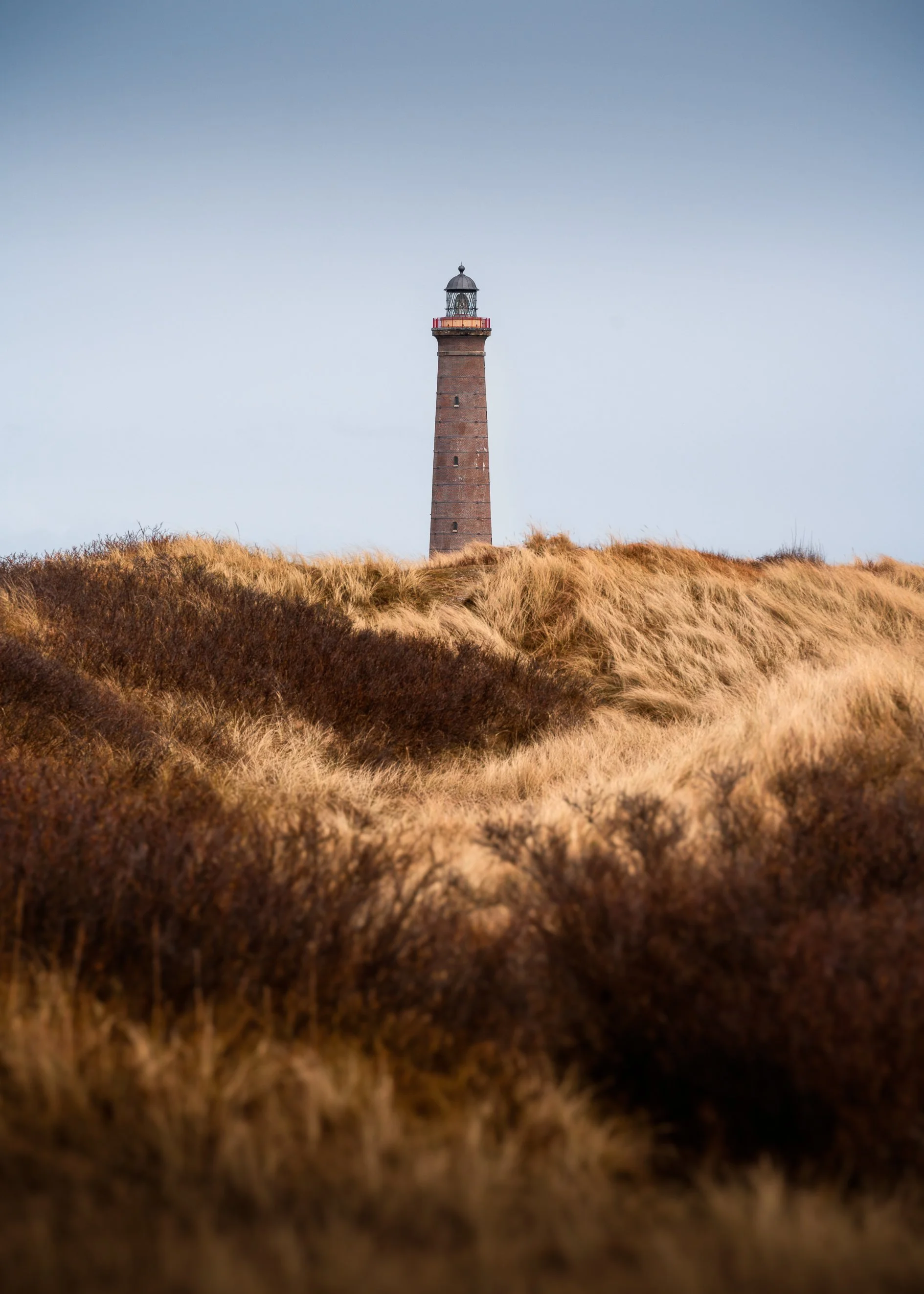 A tall lighthouse on a grassy dune under a cloudy sky.