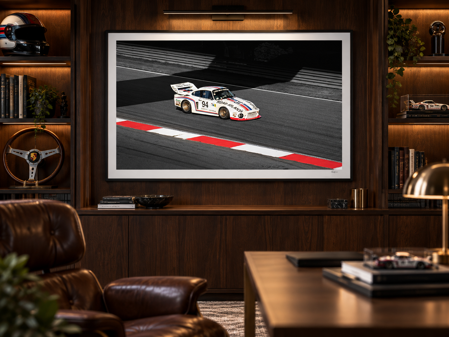 Velocity Study V historic Porsche racing fine art print displayed in a contemporary collector interior