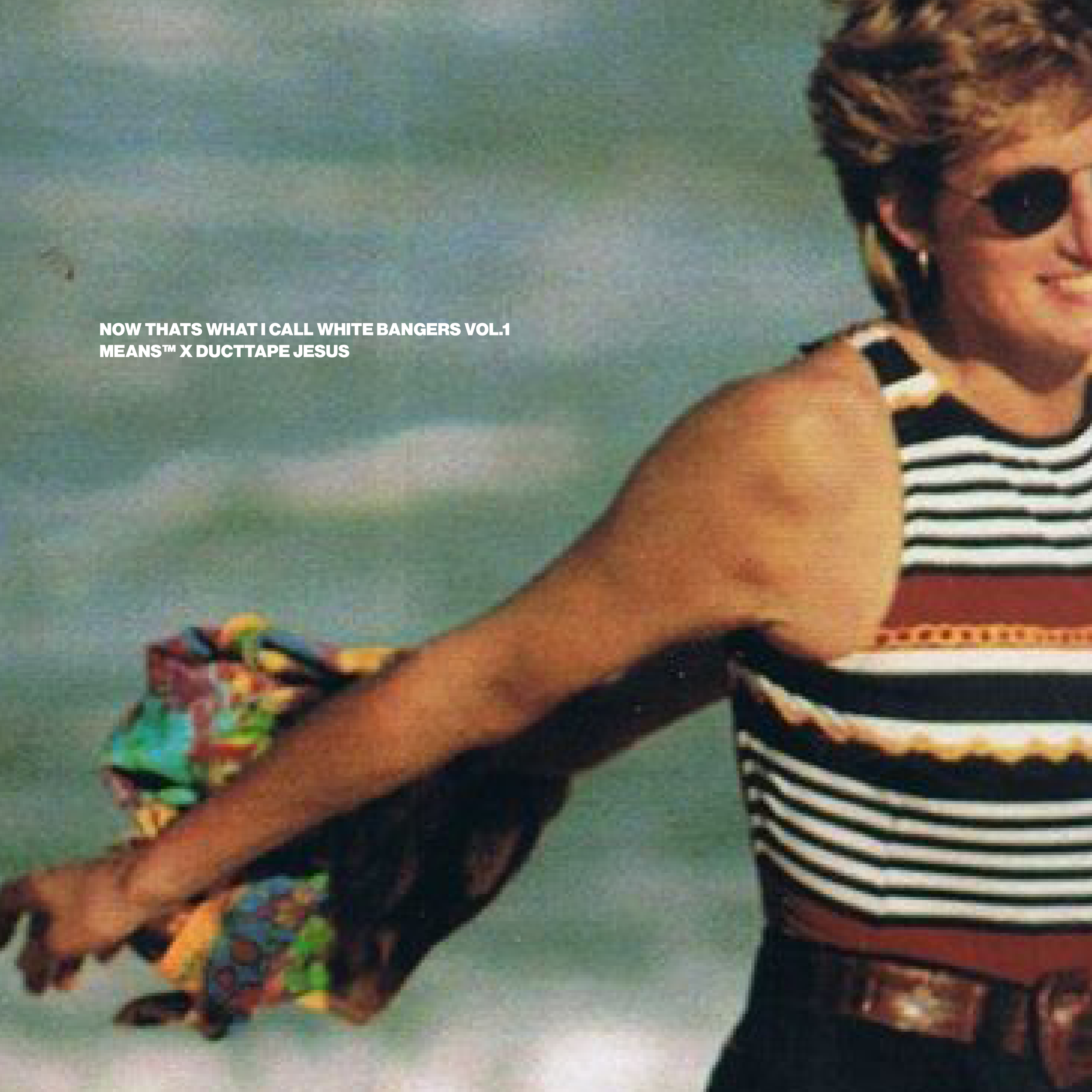 Close-up of princess diana wearing sunglasses and a striped sleeveless top, carrying a colorful bag, with a blue sky and ocean in the background.