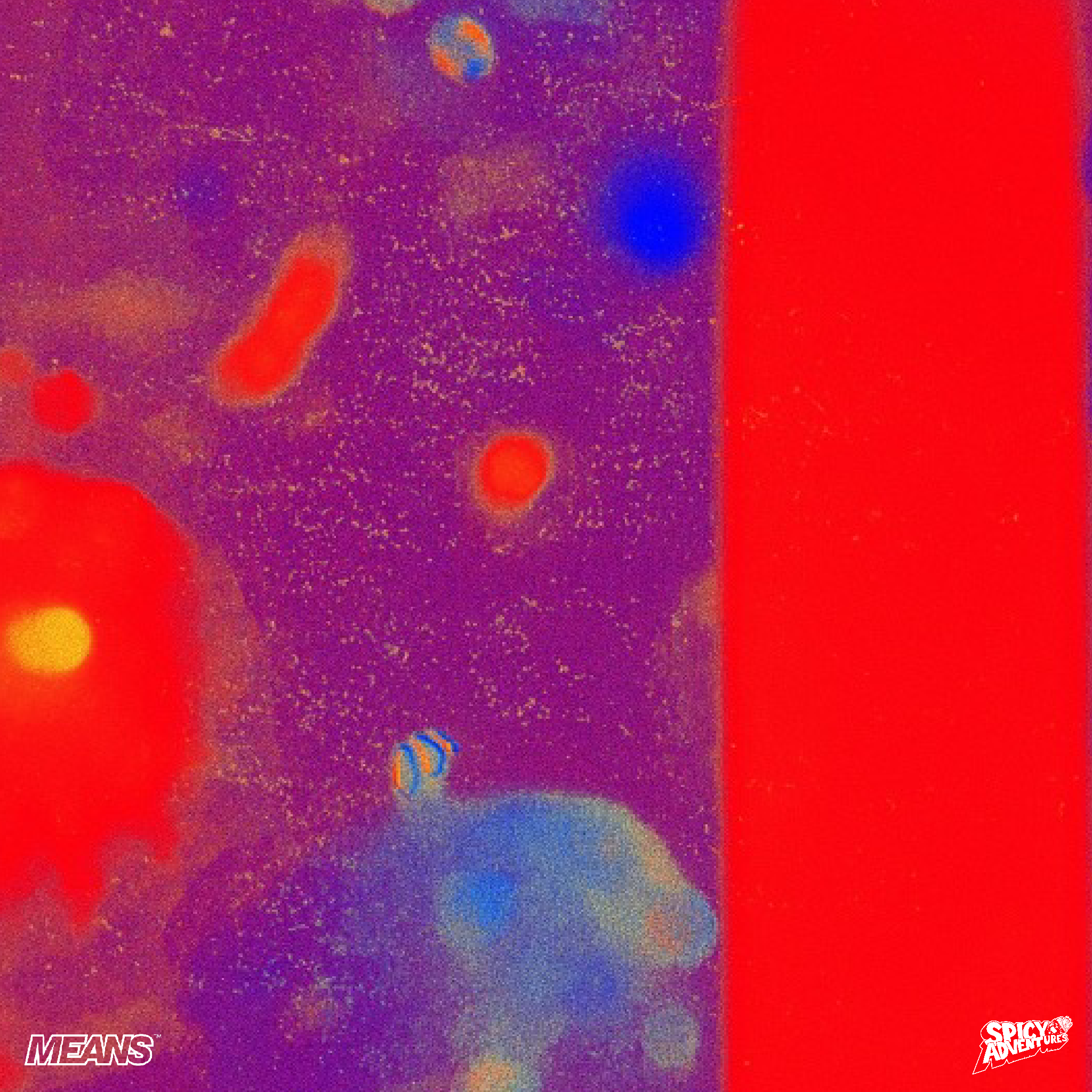 Abstract colorful image with purple, red, blue, and orange shapes and patterns, including the words 'MEANS' in the lower-left corner and 'SPICY ADVENTURES' in the lower-right corner.