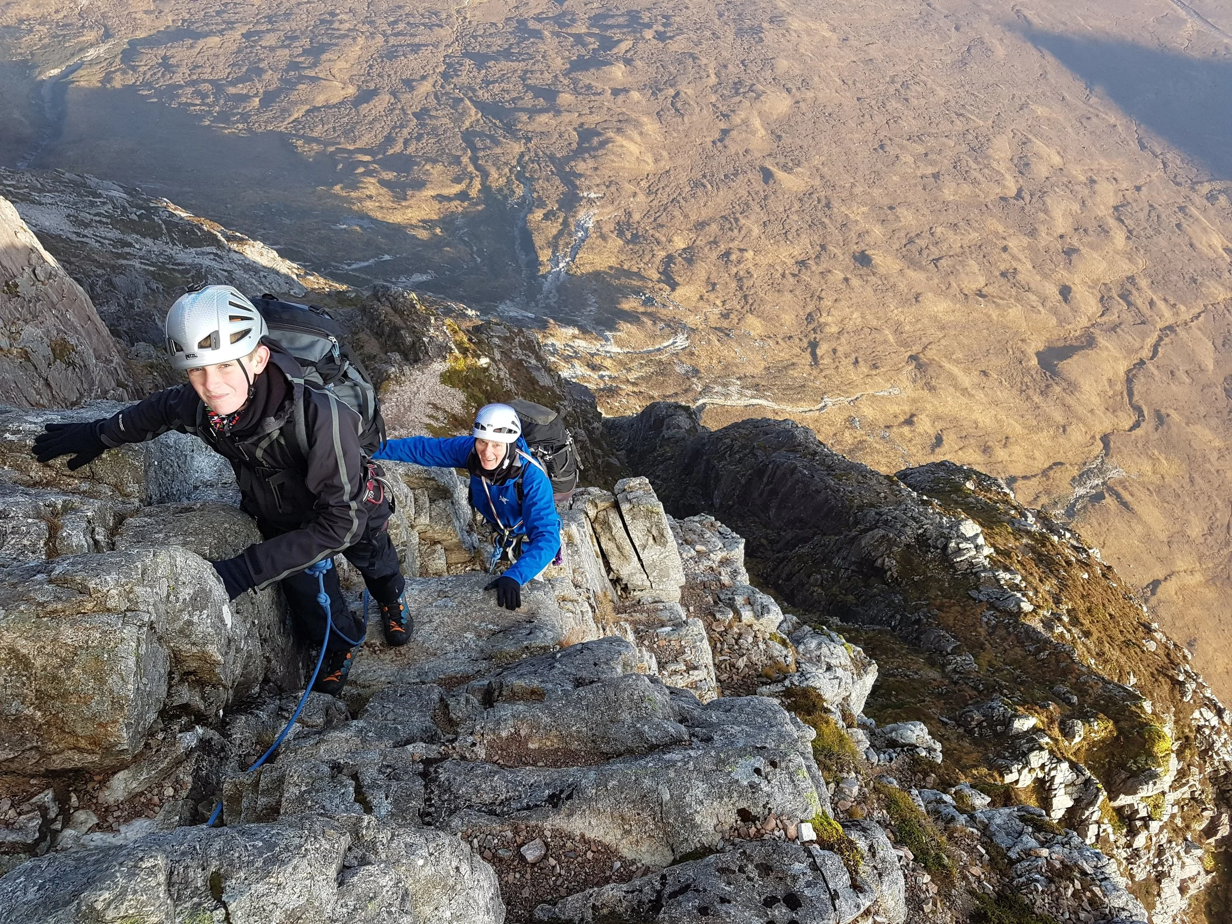 This time there was no snow but plenty of sun. Kyle first time climbing the Buachaille via Curved Ridge with Grandad Alan.