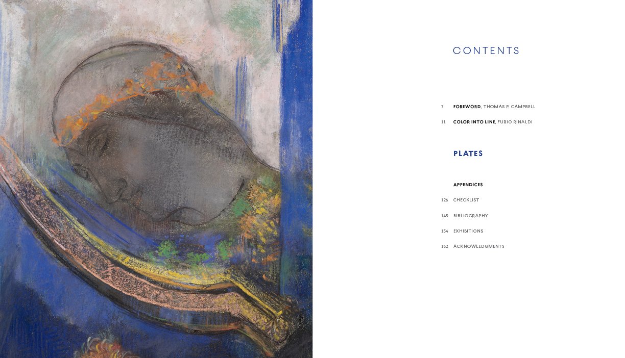  The table of contents spread with a detail of a pastel drawing on the left. 