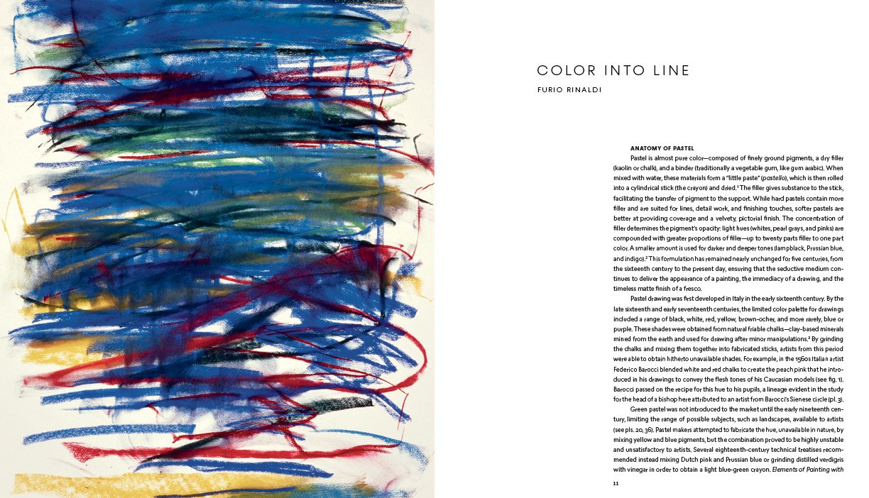  A spread of the opening of the essay with a detail of  a pastel drawing on the left. 