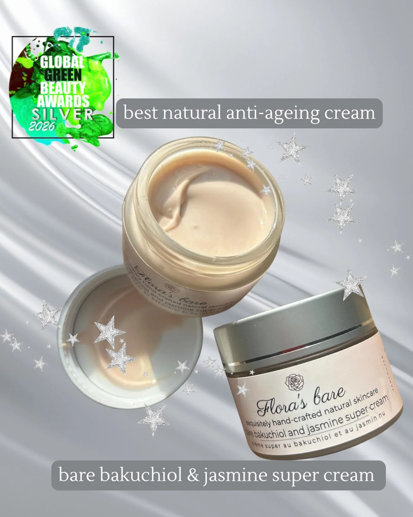 So excited and proud to receive the silver award for best natural anti-ageing cream in the 2026 Global Green Beauty Awards for our bare bakuchiol &amp; jasmine super cream🏆💗
A huge thank you to @globalgreenbeautyawards and @globalmakeupawards for t