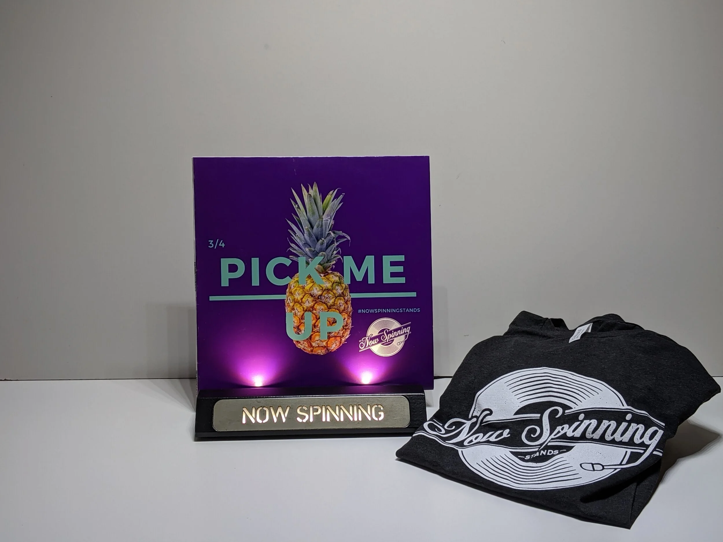 Black Wood Vinyl Record Display Stand with Now Spinning LED Light and T-shirt
