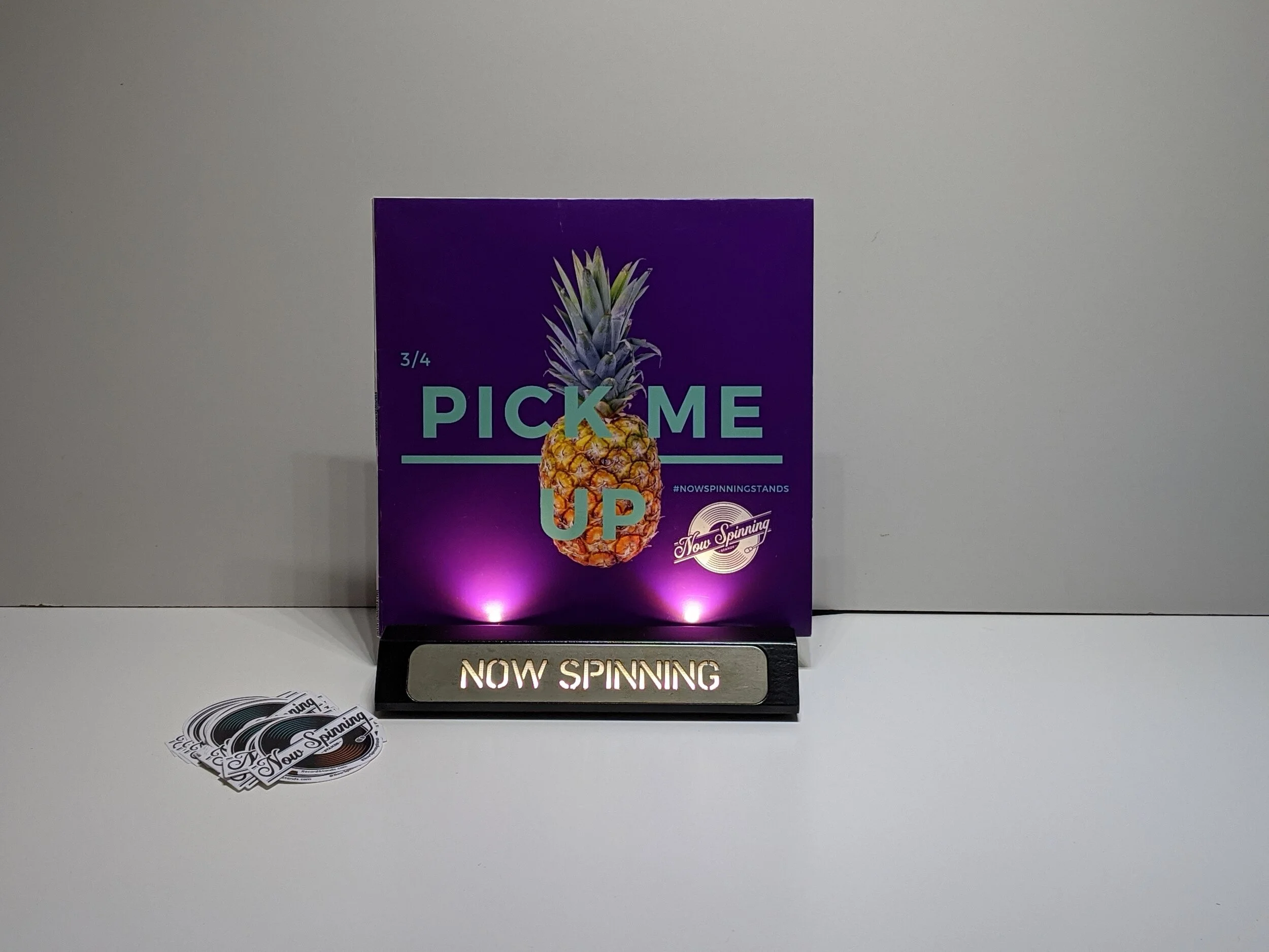 Black Wood Vinyl Record Display Stand with Now Spinning LED Light and Sticker