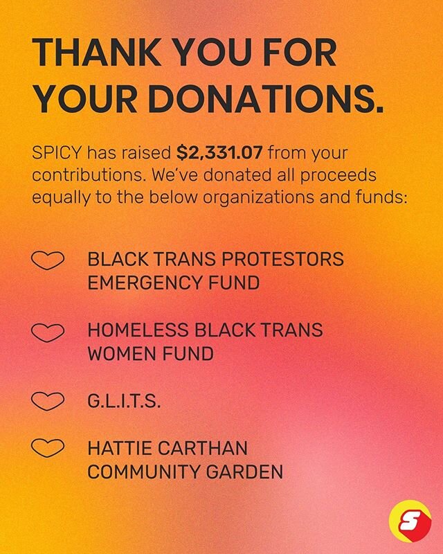 THANK YOU 4 YOUR DONATIONS 🌶💸 we&rsquo;ve redistributed 100% of what we received to the four mutual aid funds and organizations listed here. we URGE you all to continue donating directly to them&mdash;we&rsquo;re humbled by the work so many are doi