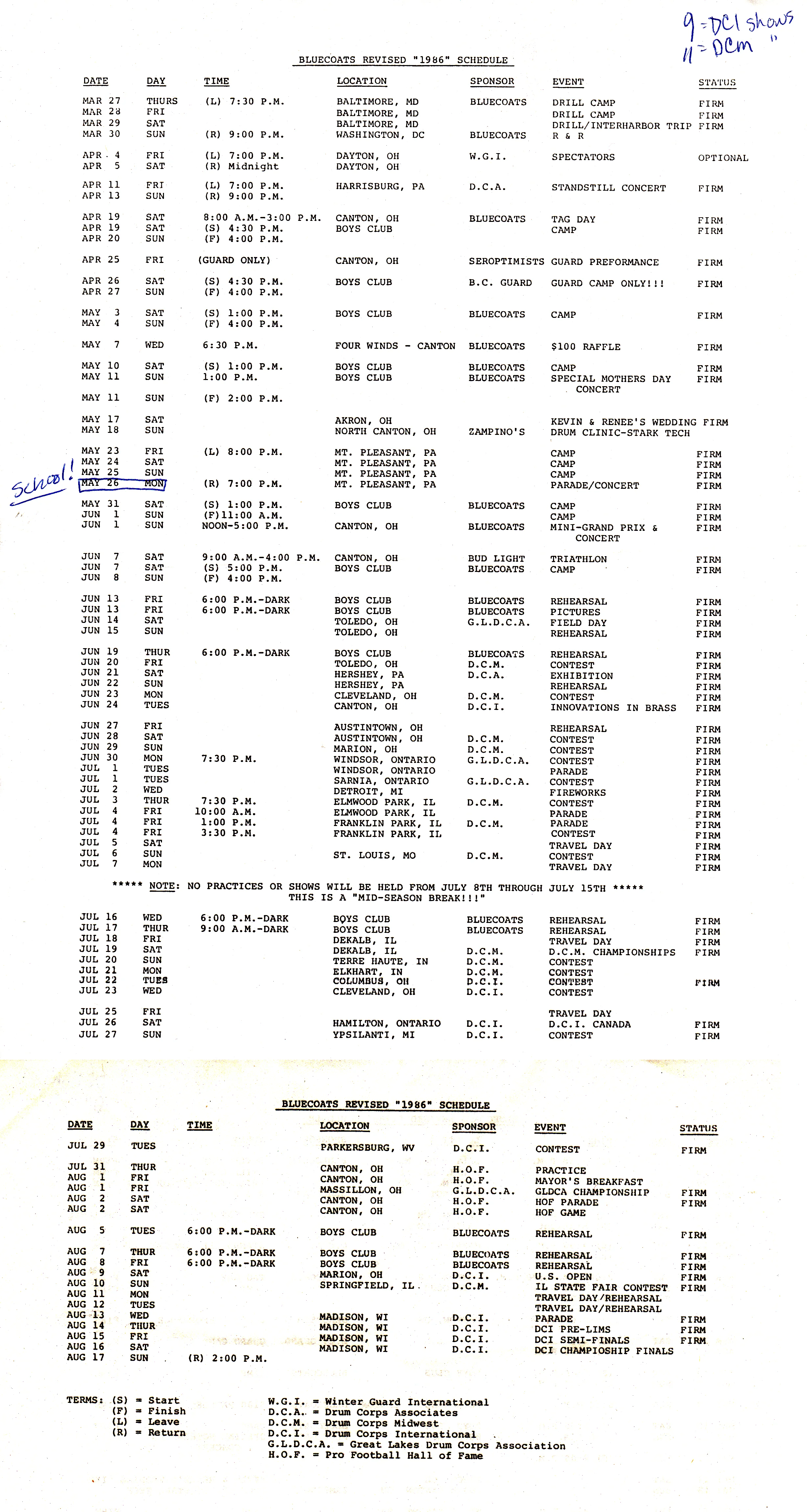 1986 Season Schedule
