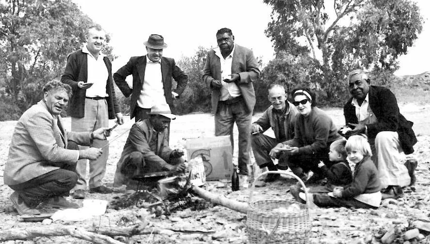 Sunday picnic in the 1960’s. Father Phil Hayes, Snowy Baker, Andy Dunn, Rufus Wilton (sitting), Jackie Coulthard, Jack Johnson, Jocelyn  Baker, Andy Coulthard (Reg Wilton)