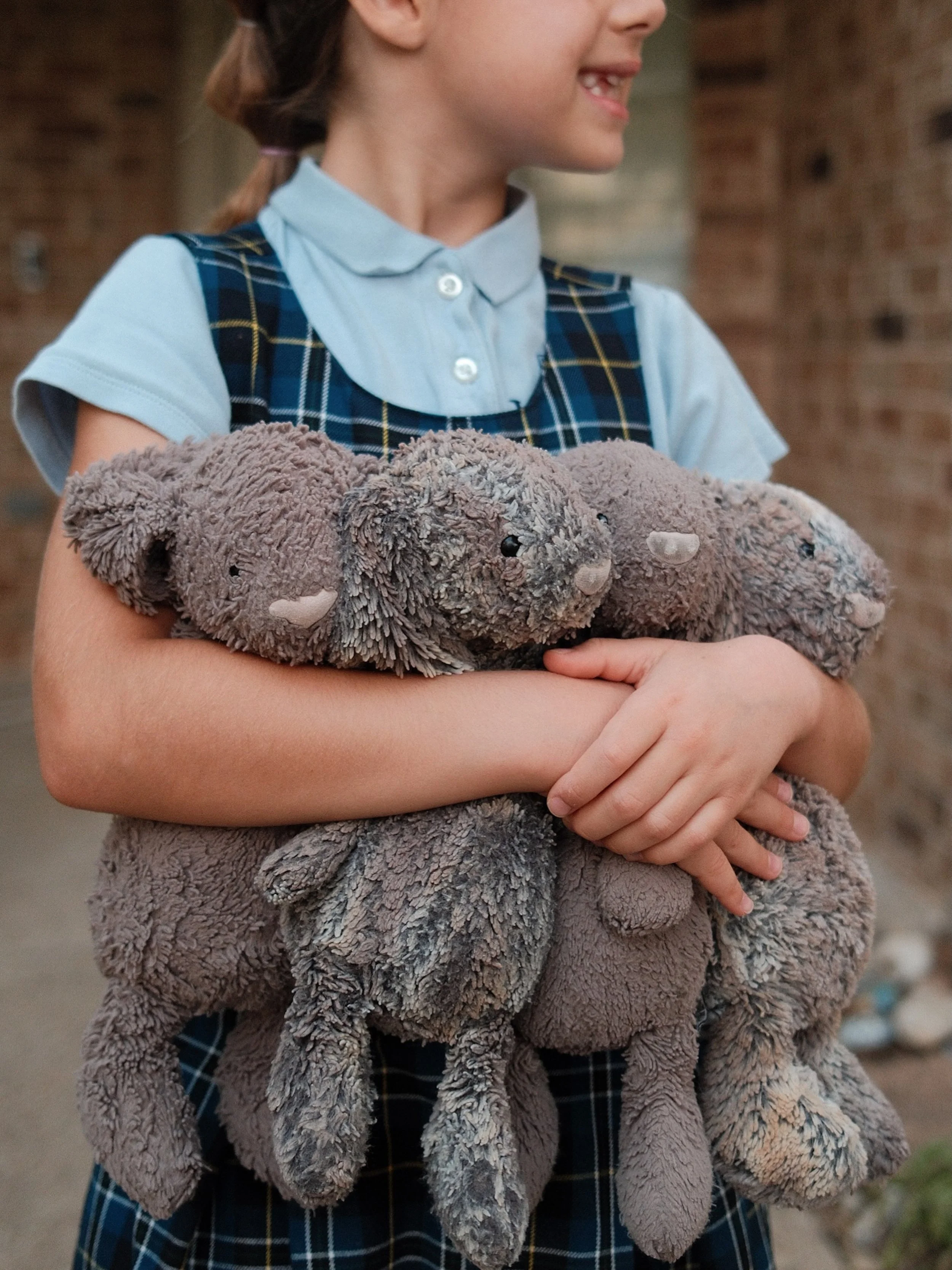 Four bunnies tucked under her arm on the first day of school, because apparently this is the age where she can look impossibly grown up in her uniform and bubble braid and yet still need all four of them to ride in the car with us on the way to drop 