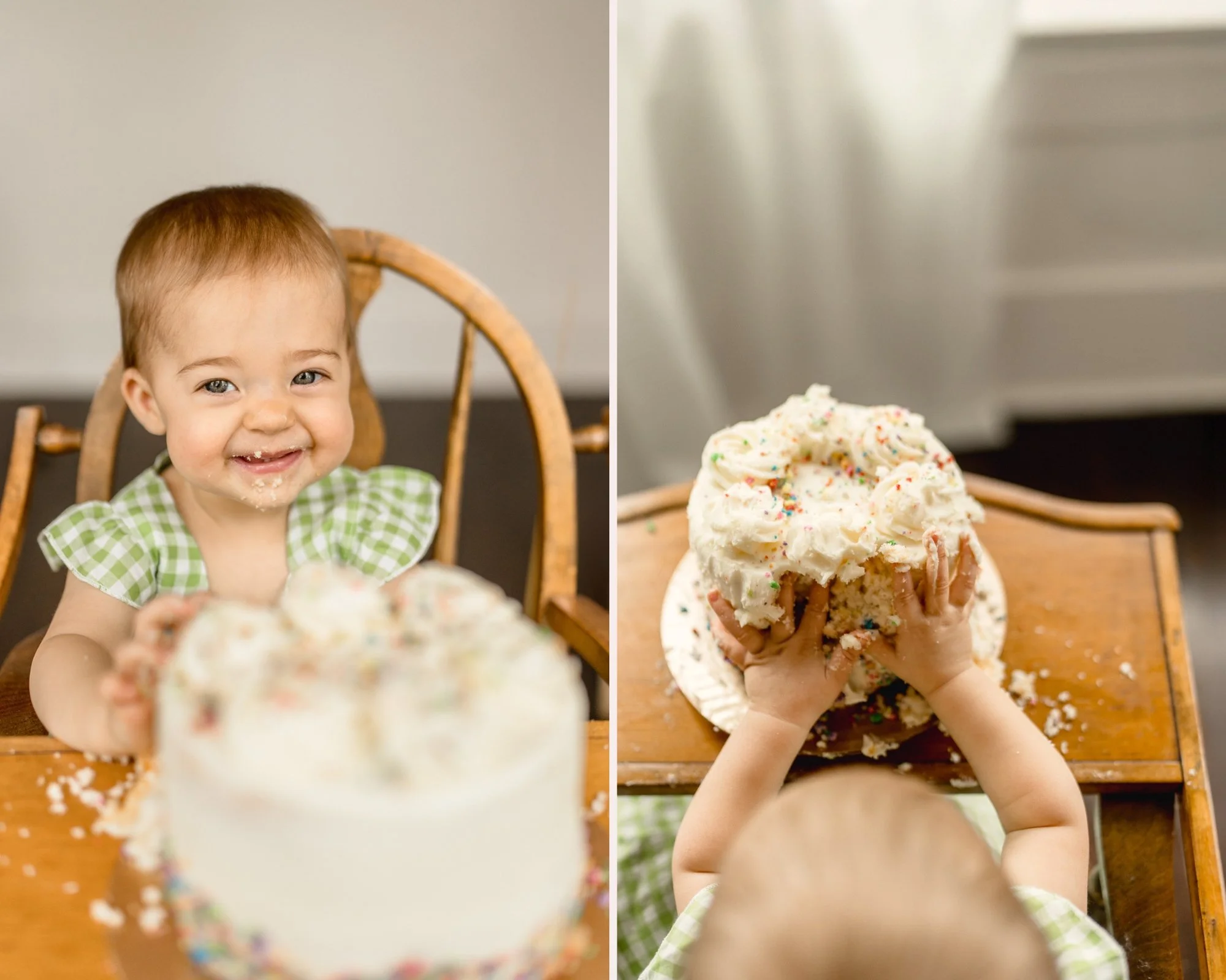 one year old girl smiling with cake smash at home first birthday Austin family photographer