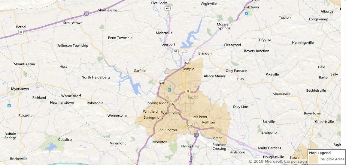 Zooming out, we can see that the rest of Berks County outside of the Reading area in eligible for the USDA Loan Program.