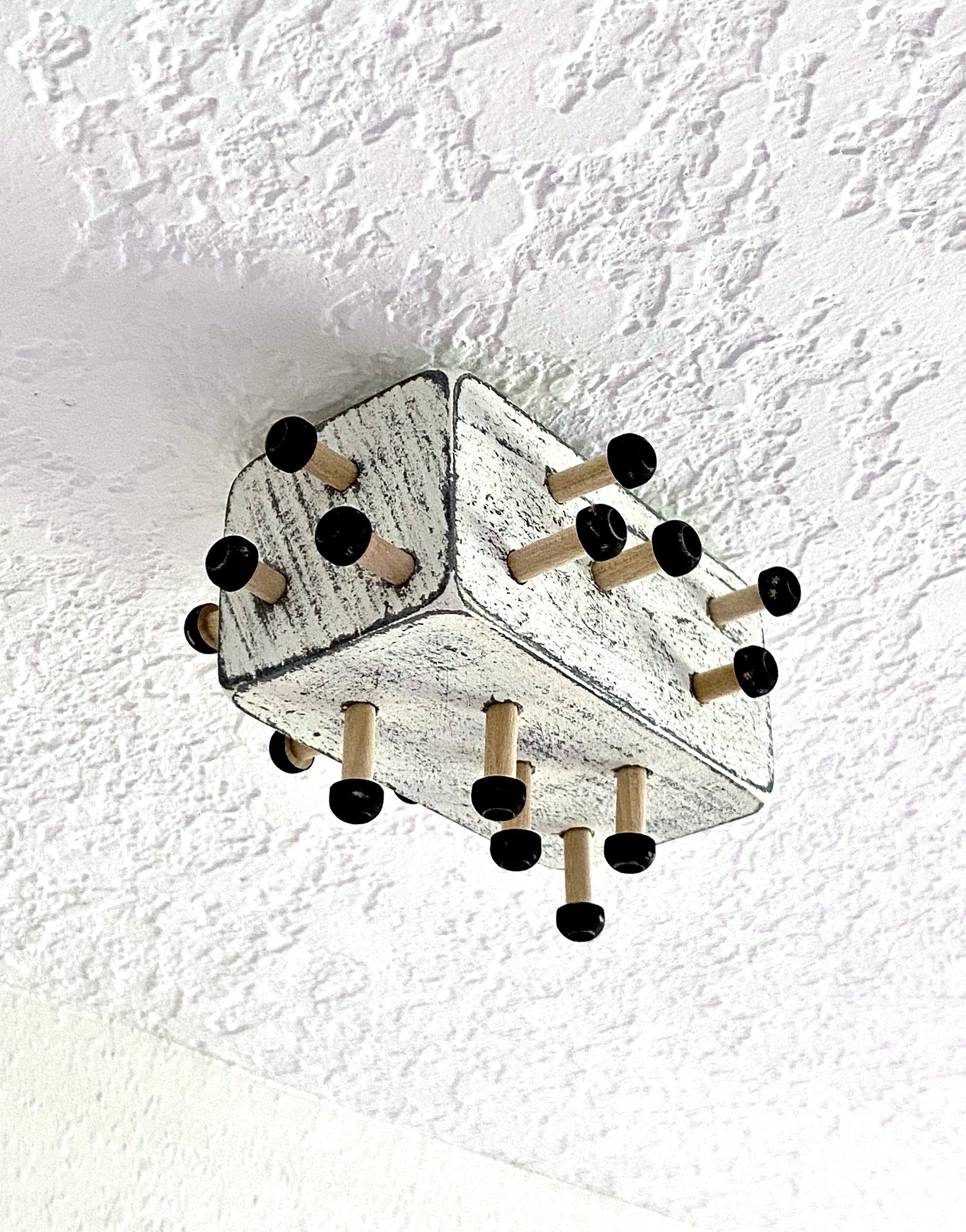 Object to be mounted on a ceiling (black pegs)