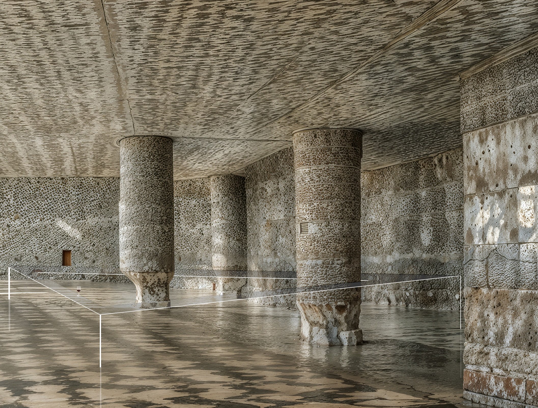  The main area of the bar is adorned with thousands of mosaic patterns created by an AI generator from a single fragment found in the foundation. All the furniture is made from mirror aluminum and appears almost invisible from a distance 