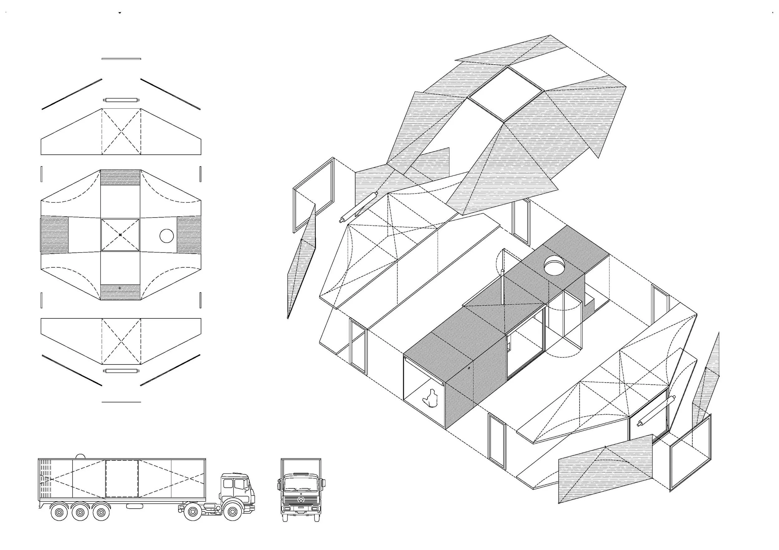  The width of the core is 2450 mm and the length can reach up to 12000 mm. When transformed, the area of the temporary dwelling increases from 15 to 120 m². The canopy material is constructed from a composite material as part of the ATLAS LAB project