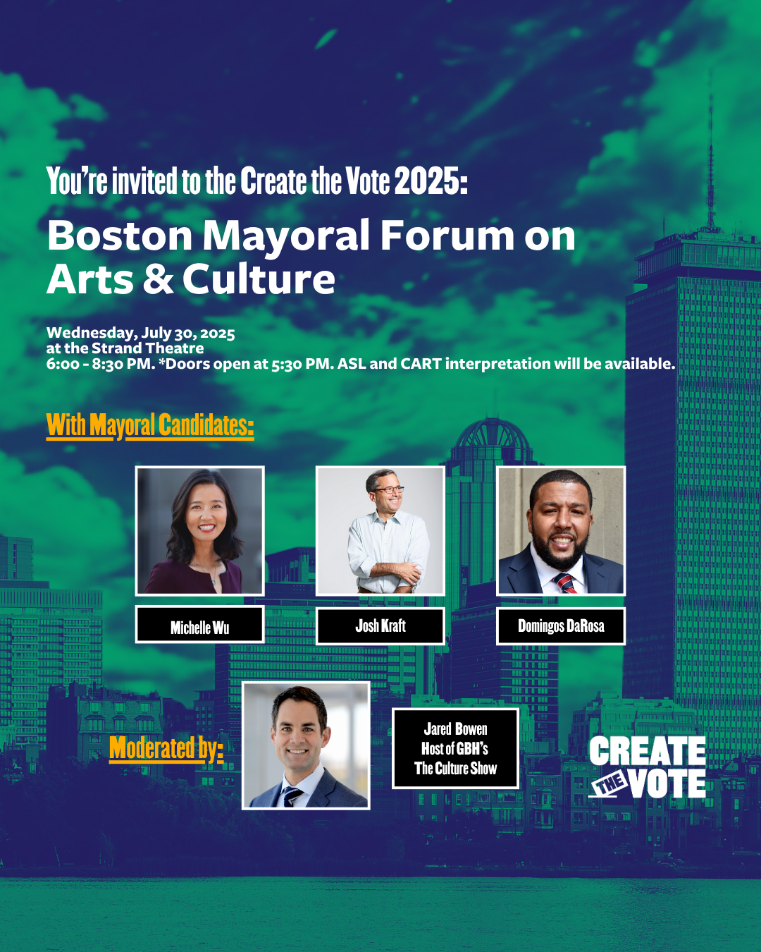 A blue and green-tinted photo of the Boston skyline. Overlaid are 4 portraits - mayoral candidates Michelle Wu, Josh Kraft, and Domingos DaRosa, and moderator Jared Bowen. White and yellow text share information in the text above.