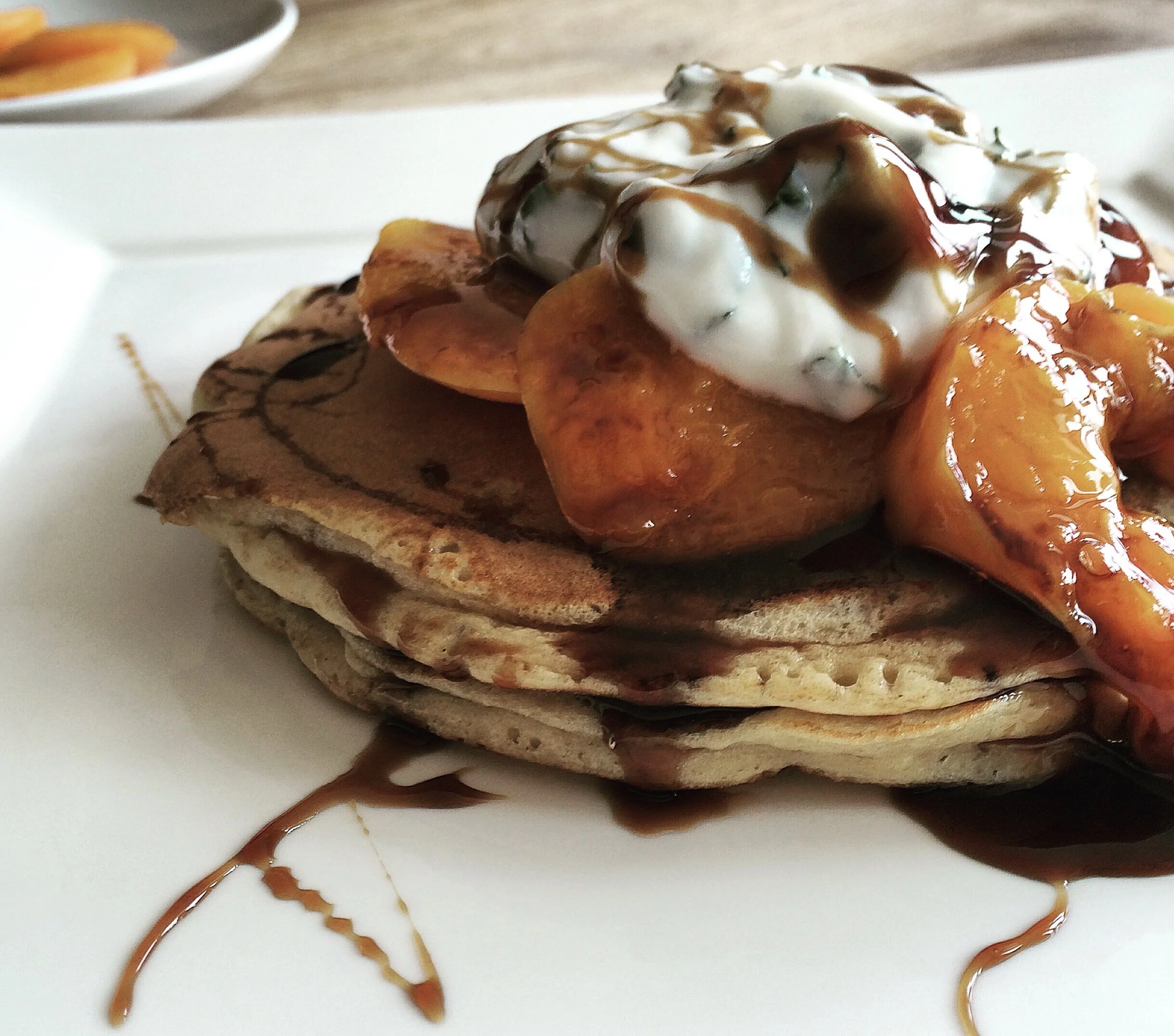 Whole Wheat Pancakes with Grilled Apricot and Yogurt Mint Cream