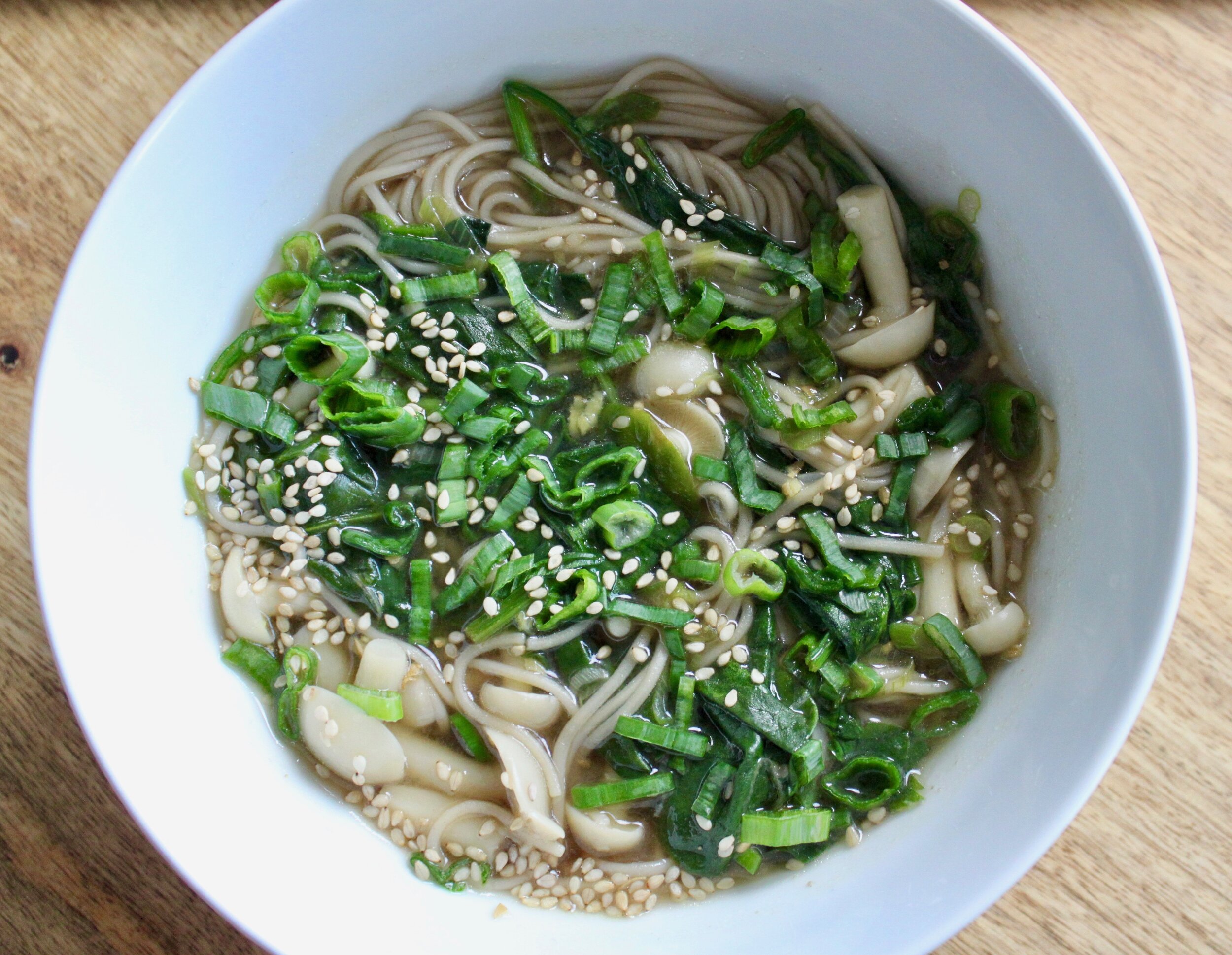 Soba Noodle Broth with Mushrooms and Spinach 
