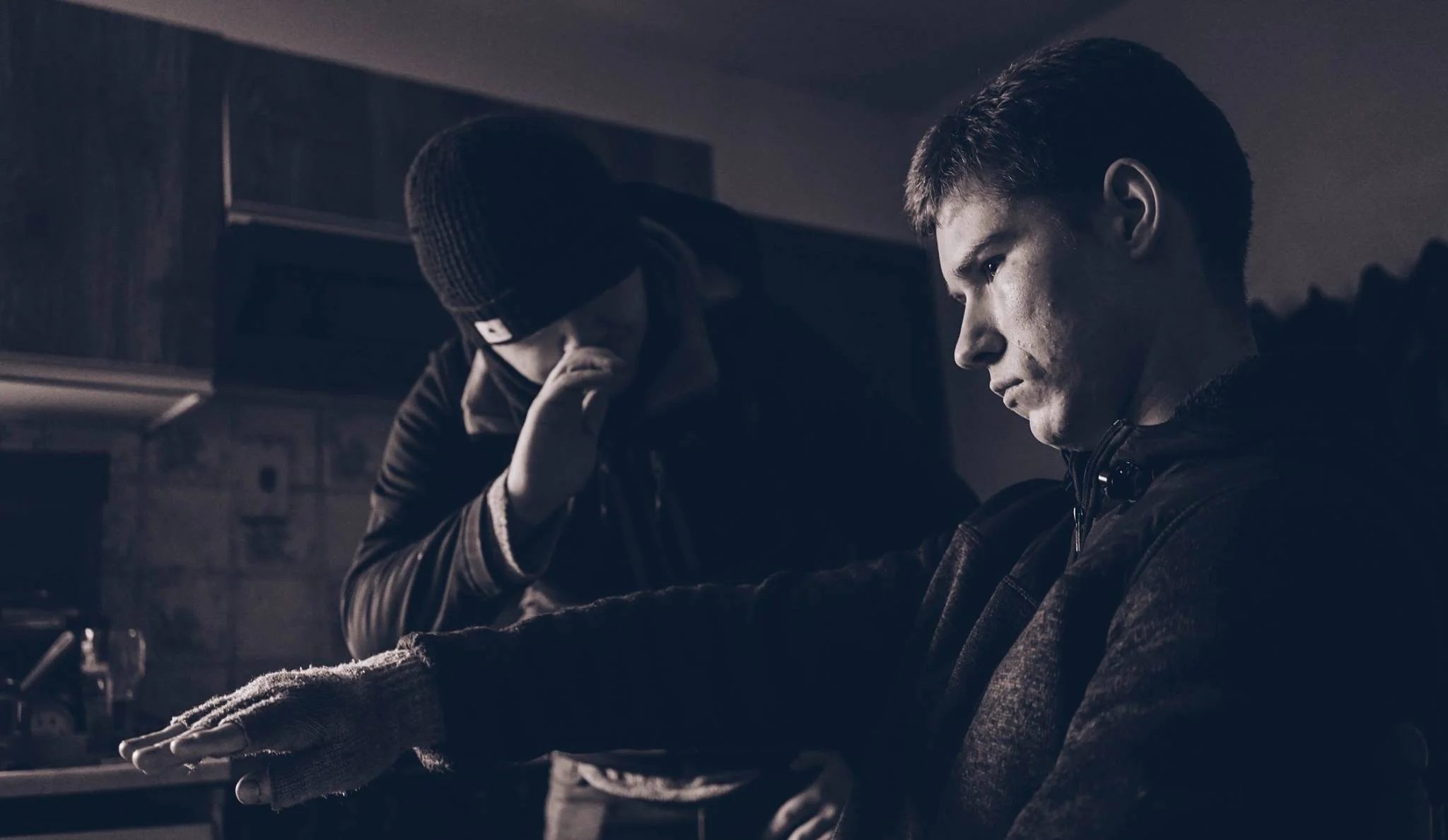 Brendan McCallion and actor Patrick Loftus (Tommy) on the set of Backwater. Photo by Cormac Campbell.