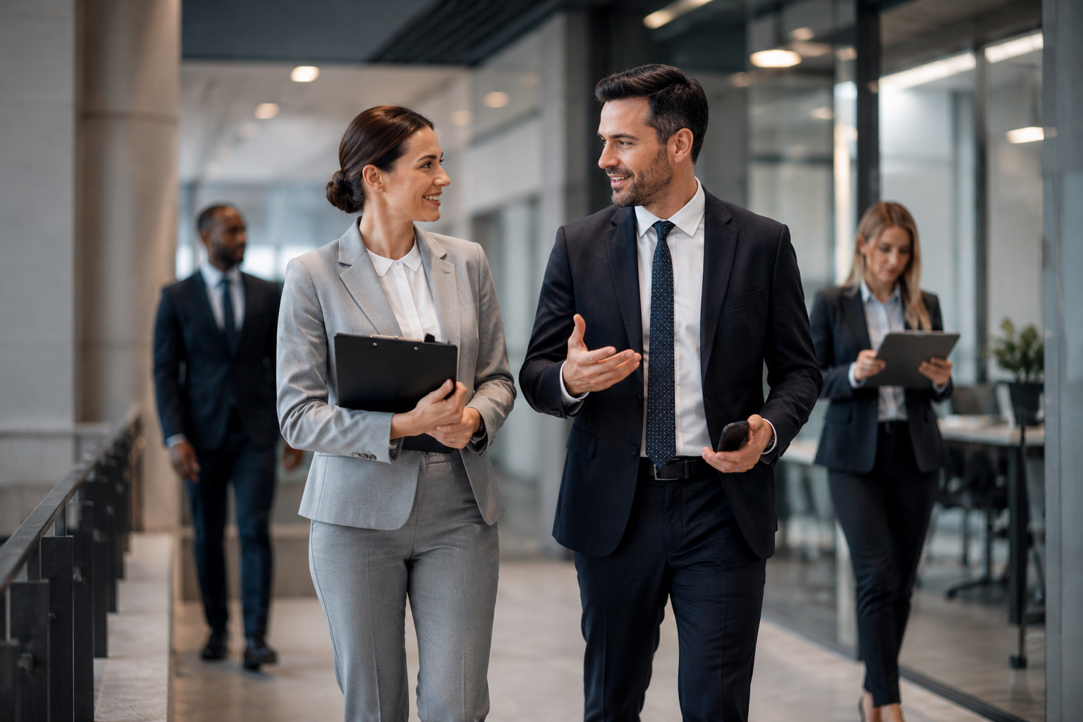 Business professionals in suits walking and talking together in a modern office environment.