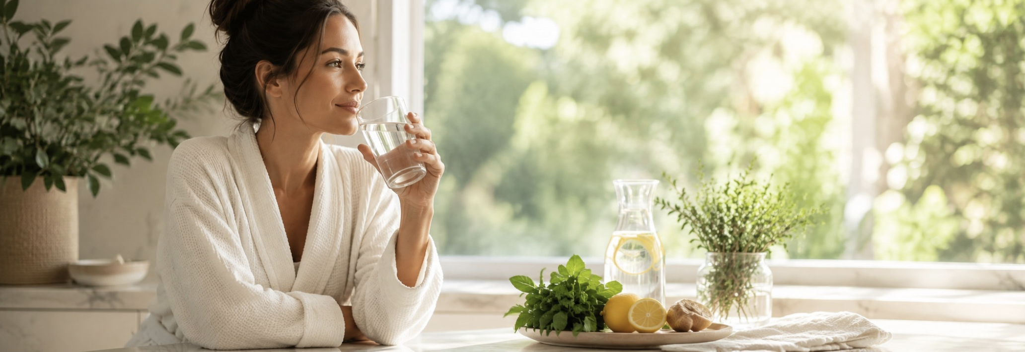 A person in a white robe drinks a glass of water beside fresh lemons, herbs, and natural ingredients in a bright, spa-inspired setting, representing hydration, detoxification, and holistic wellness.