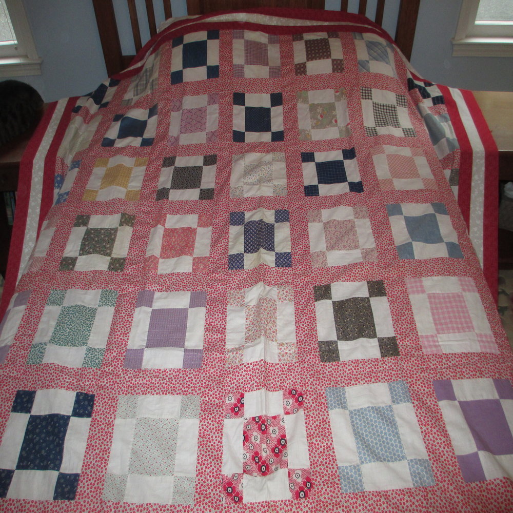 Small Quilted Pillow Blue Nine Patch Machine Pieced Hand Quilted Muslin Back  