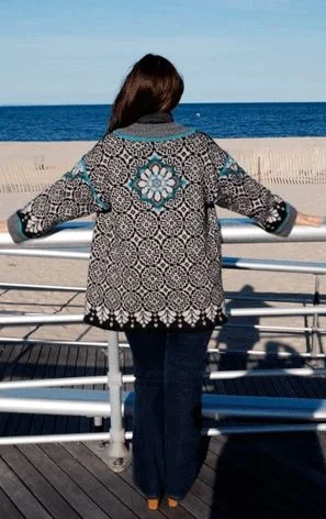 back view of lengthened Rosalia Fair Isle / Norwegian style knitted cardigan
