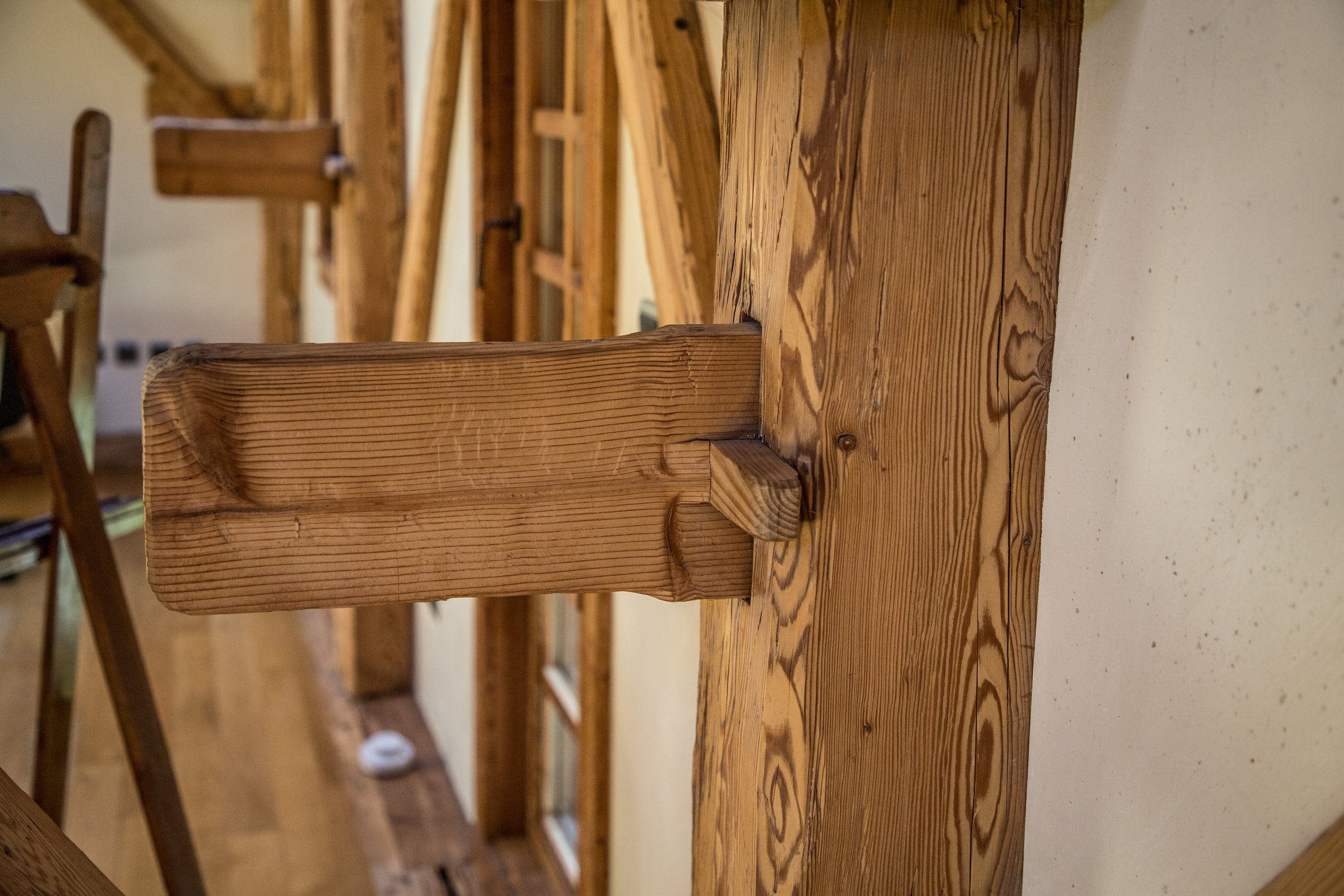 Carpentry detail- all old reclaimed wood and original pegs from original barn at Chalet Forest