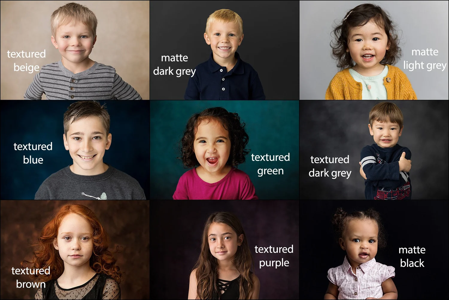 Nine school portrait backdrop samples: textured beige, matte dark gray, matte light gray, textured blue, textured green, textured dark gray, textured brown, textured purple, and matte black
