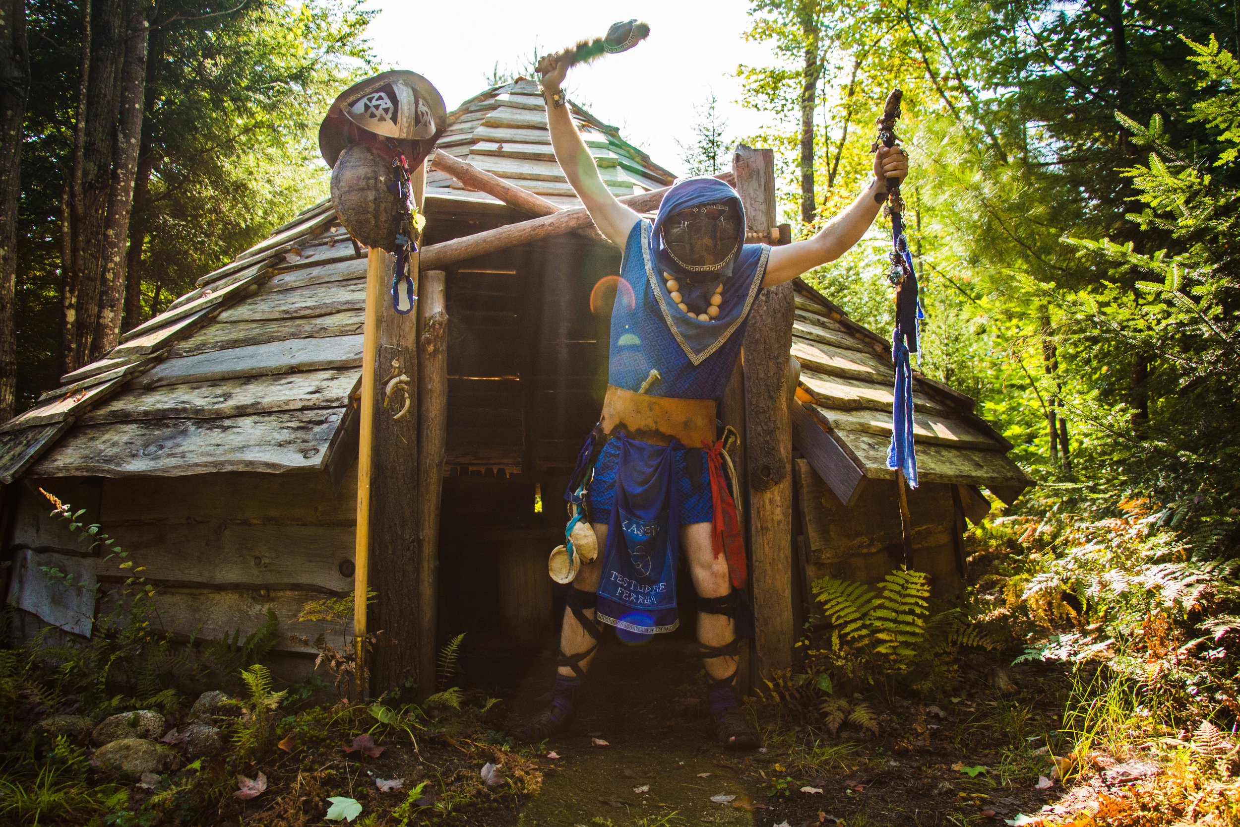  Kevin Dillard shows off his persona Caseus the Iron Turtle and all of the items he has made and collected for his kit. The shaman shack, Burgundar, September 18, 2017. 