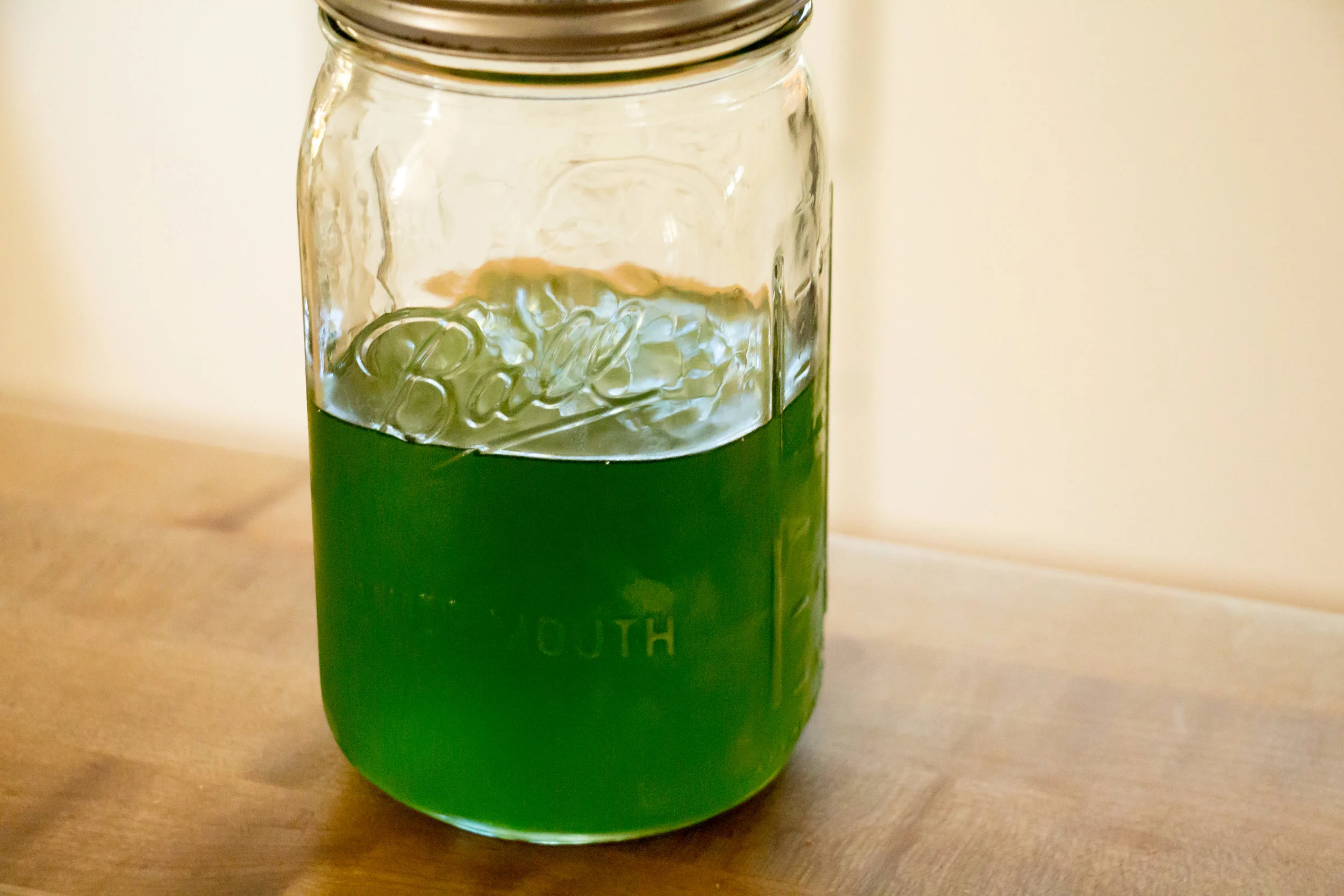 A jar of cannabis tincture sits on the counter after Christy Shake has strained the plant matter from it. The tincture will be suspended in oil and used the alleviate some of her son Calvin's symptoms.