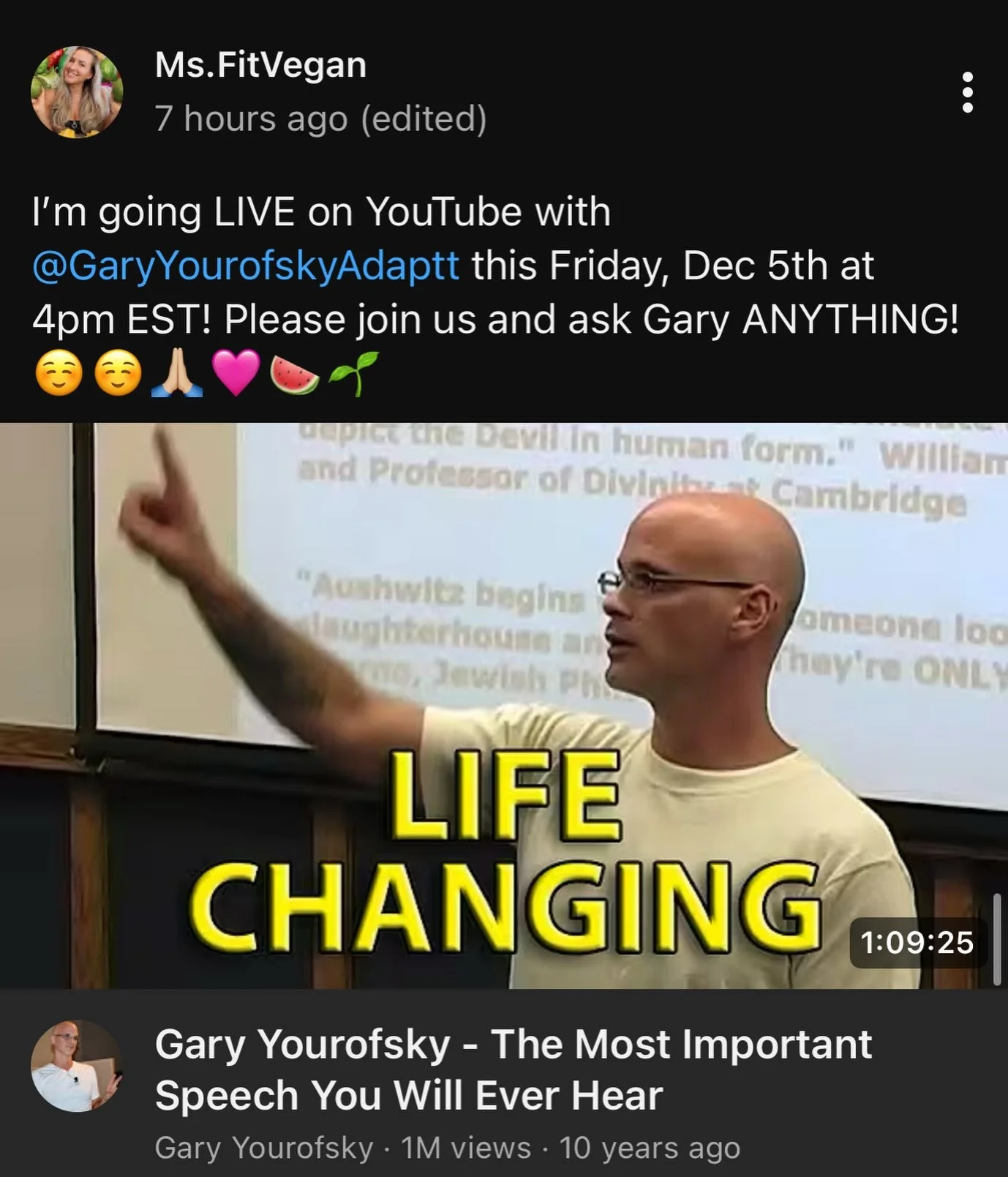 Join me + @realgaryyourofsky tomorrow, Dec 5th at 4pm EST LIVE on YouTube! ☺️☺️🙏🏼🩷

Please understand&hellip; when you eat dead animal body parts&hellip; you suffer! 

Because you have the right to hurt yourself. 

But you do not have the right to