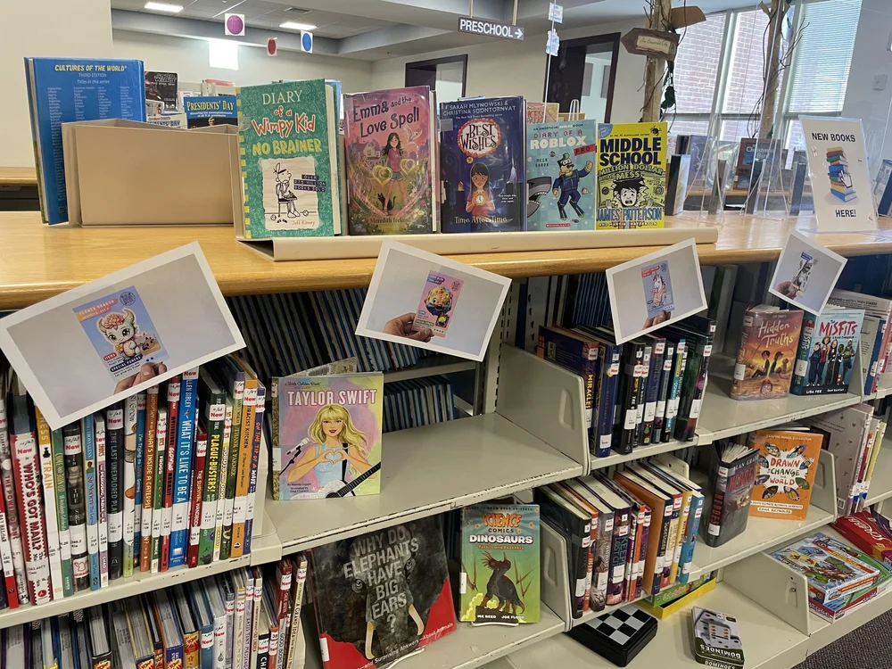 shelves with card print outs.jpeg
