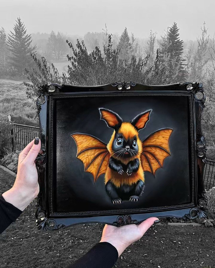 This is Bumblebite. I painted this terrifying vampire in Saskatoon last week. I&rsquo;ll have this series available to purchase at the end of the month or you can reach out to me earlier to reserve one. 🖤

#oilpainting #painting #bat #bee #bunny #ha