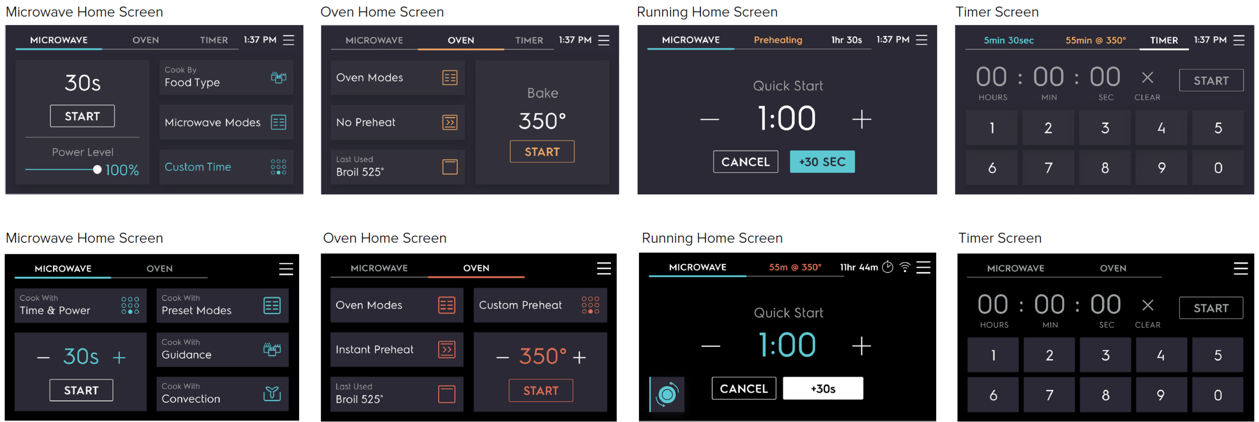 The top row of screens are samples of the original User Interface and the bottom row shows the corresponding updated screens.