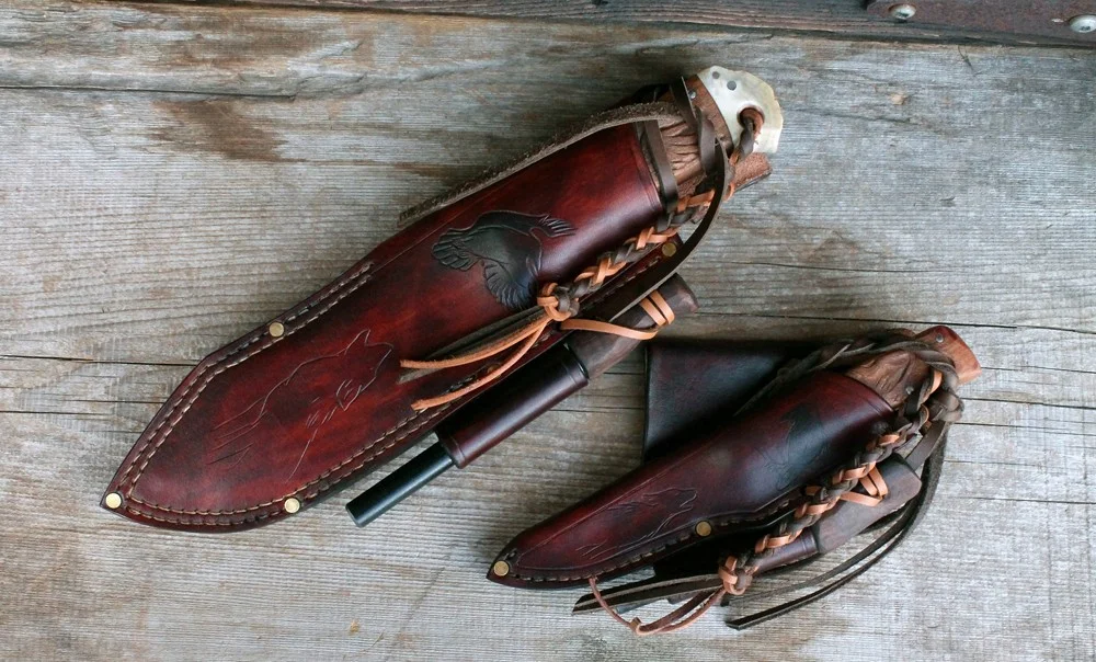 Custom made bushcraft survival knife set. Custom sheaths.
