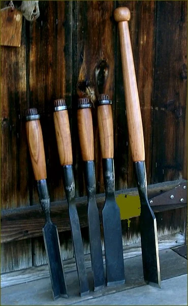 Custom handmade timber framing chisels, 20 inches long and a 30 inch handmade framing slick.