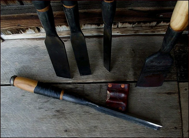 Handmade custom timber framing chisels & slick. 20” overall. Apple wood handles.