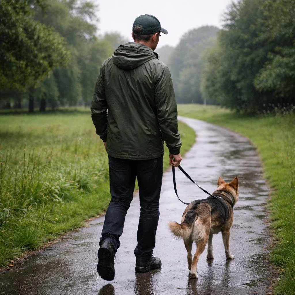 Dog walker in Llandaff North walking a dog in light rain