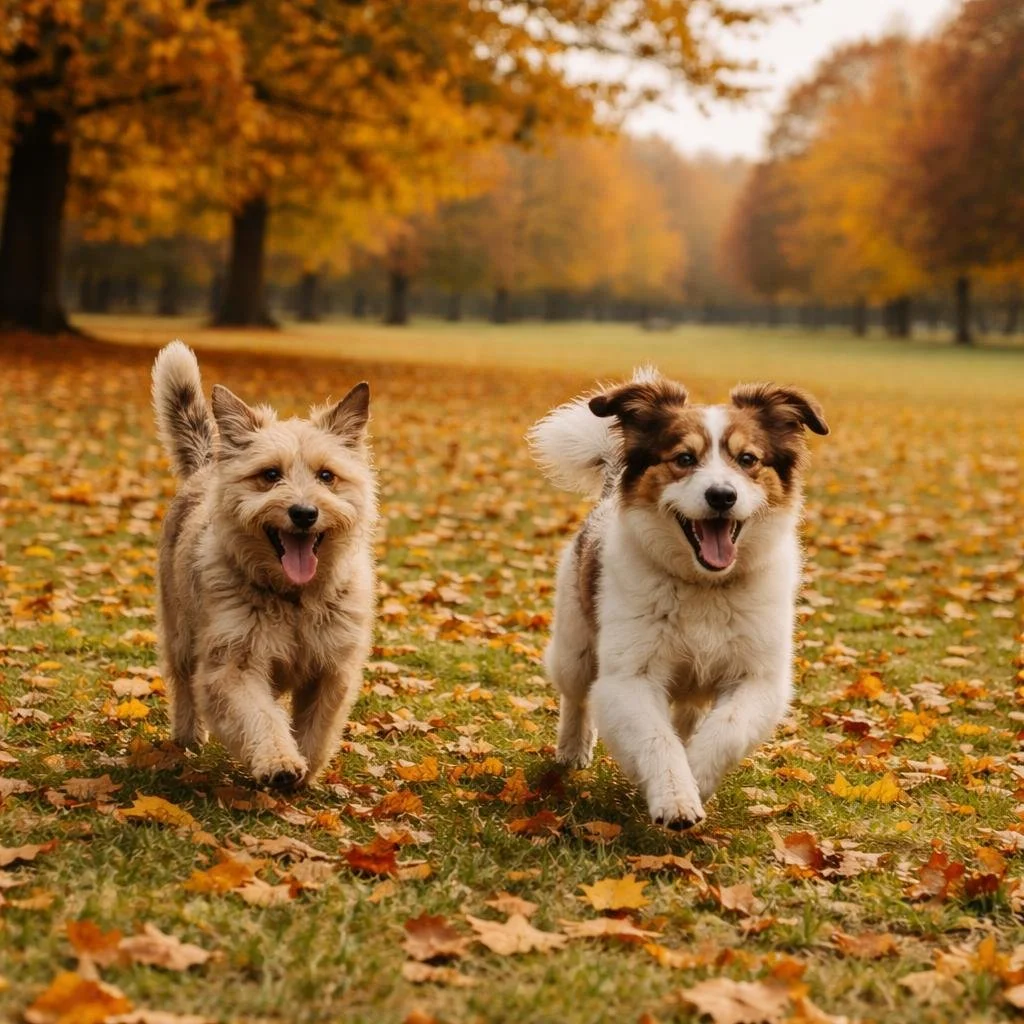 Dogs playing in a Whitchurch park in autumn