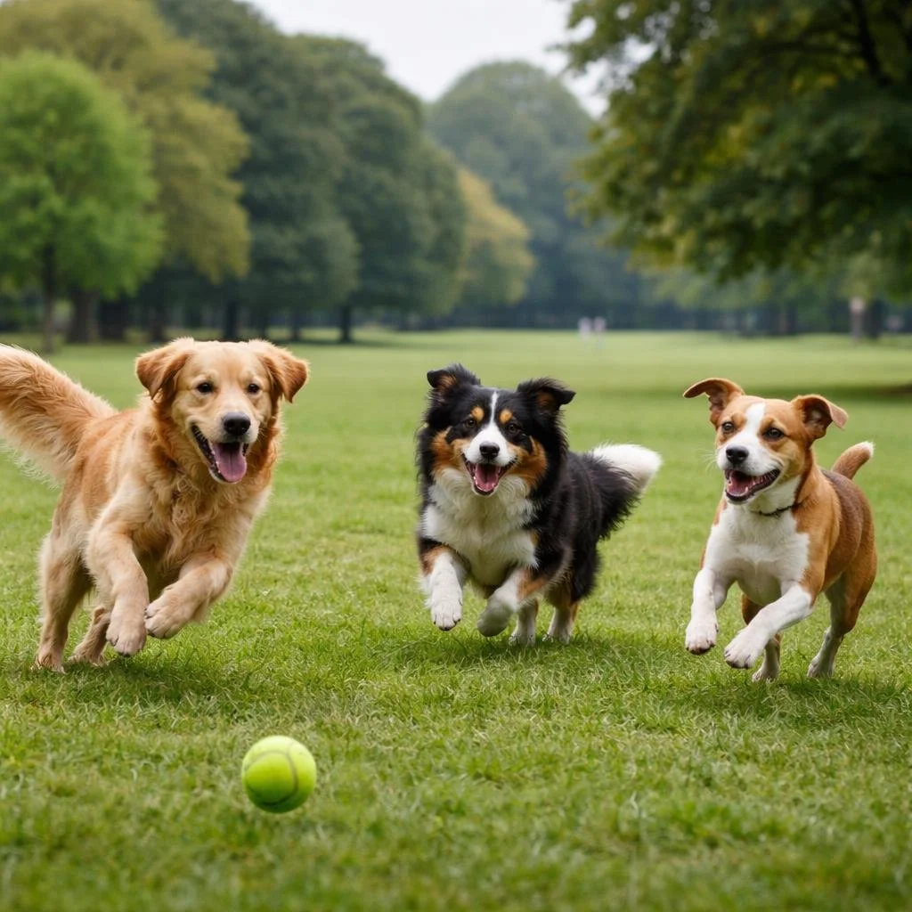 DOGS CHASING A BALL IN CARDIFF PARK