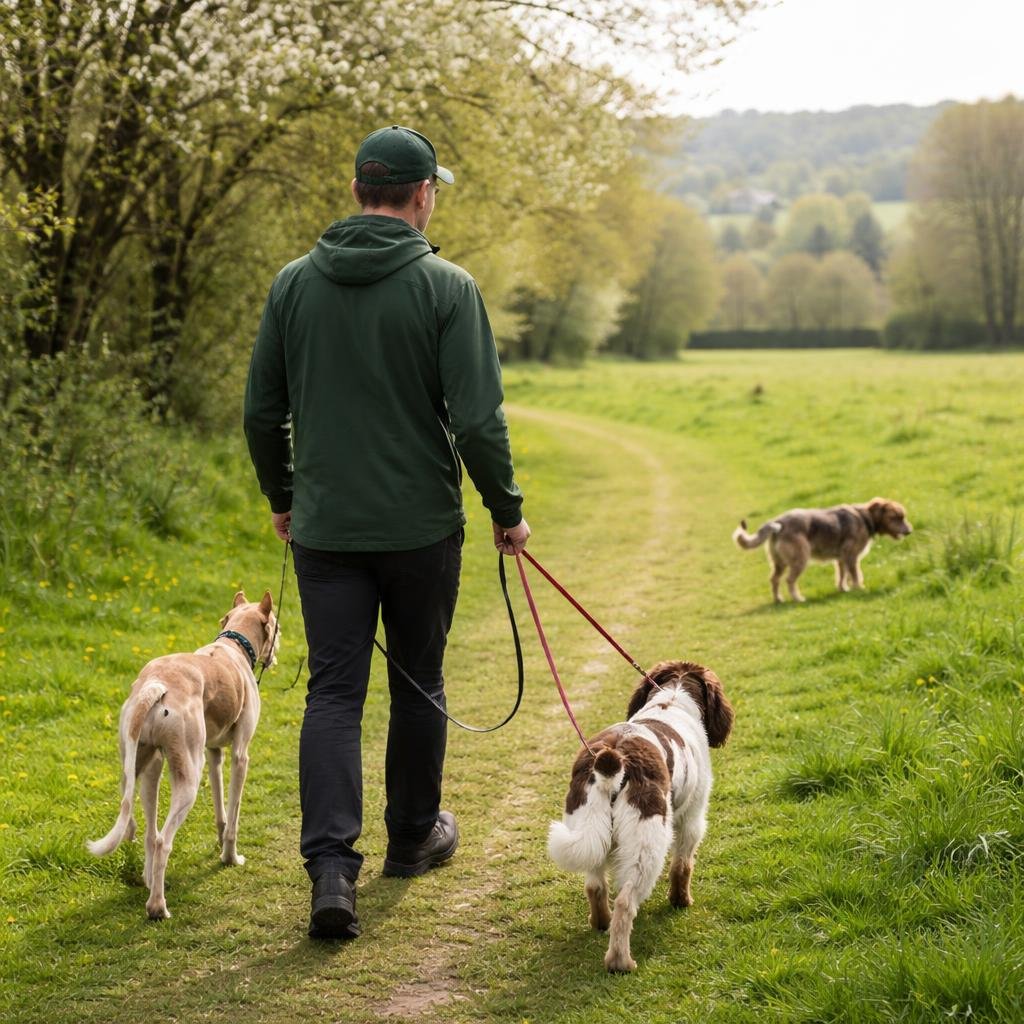 Dog walker in Radyr with dogs in a spacious spring park