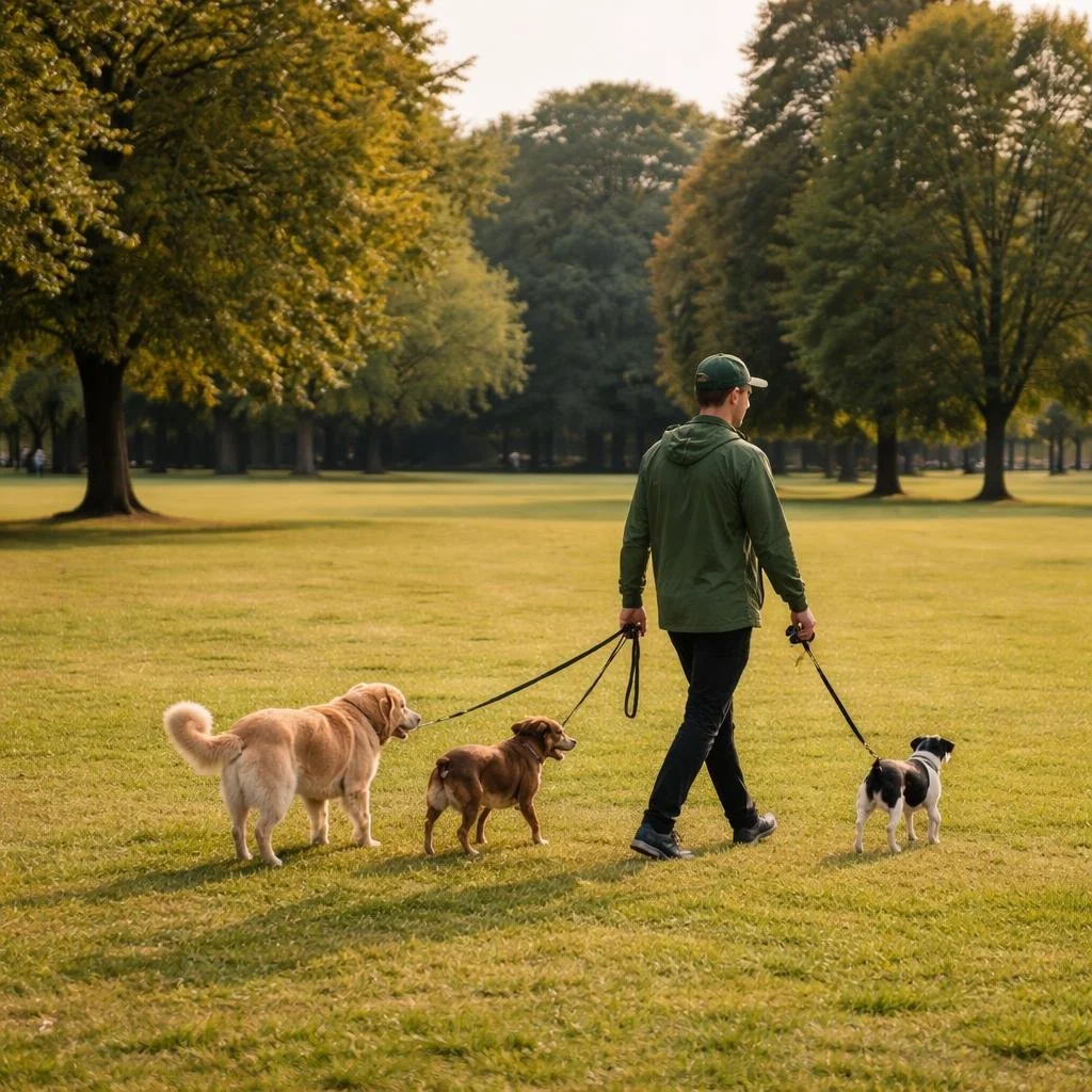 Dog walker in Pontcanna walking four dogs across a local park