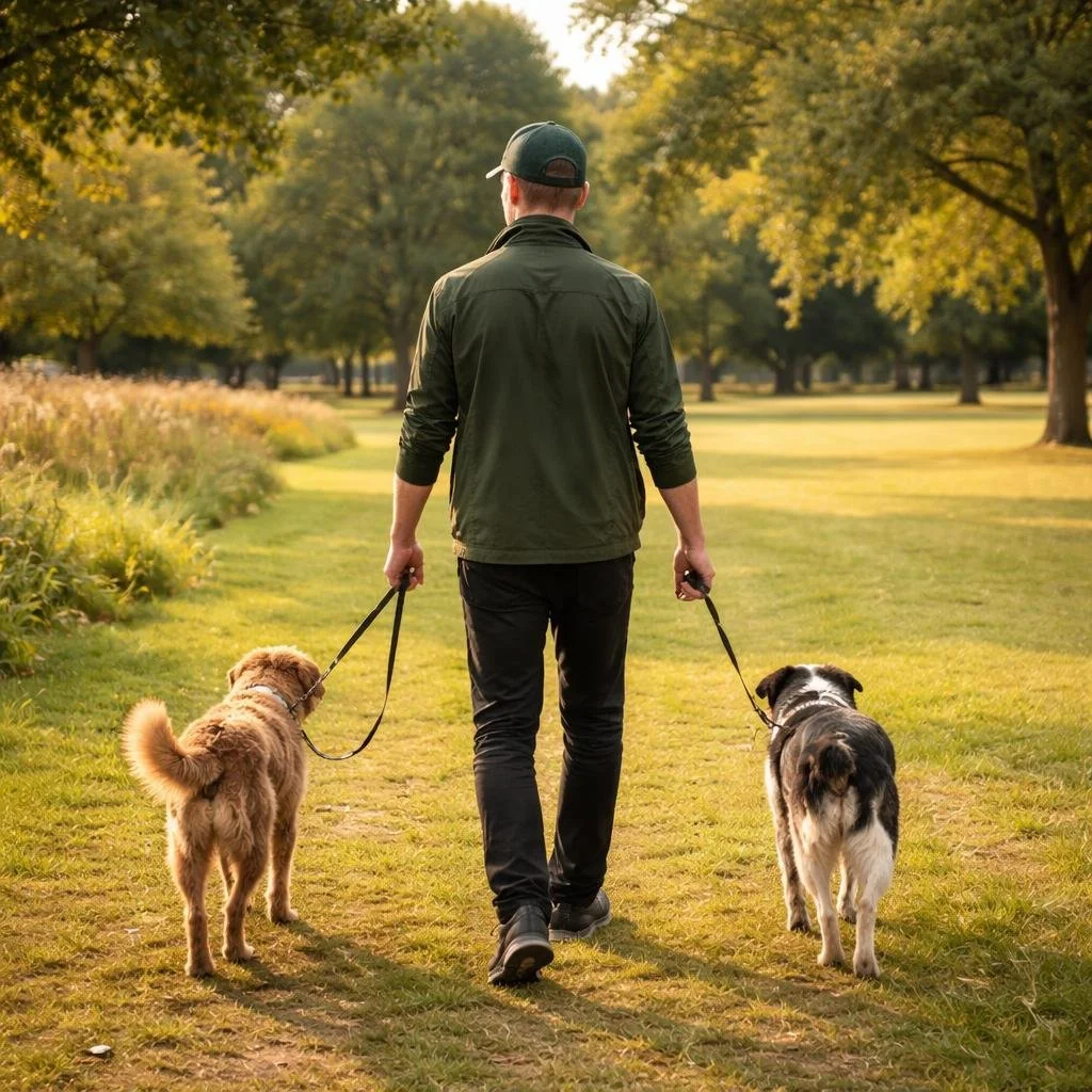 Dog walker in Pontcanna walking two dogs in a late summer park