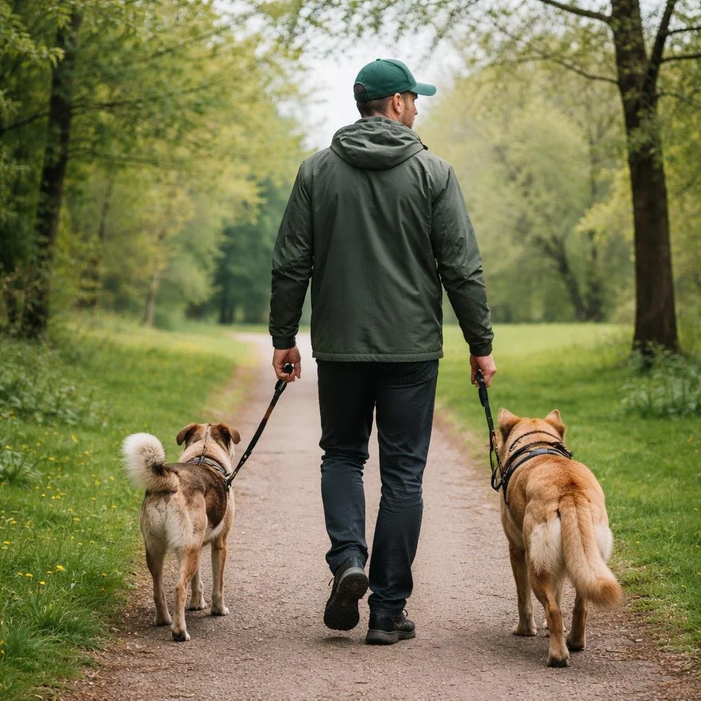Dog walker in Llandaff North with dogs in a local park