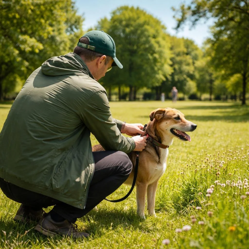 Dog walker in Fairwater crouching beside a dog in a sunny local park