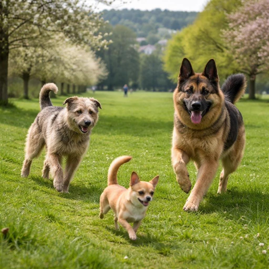 Dogs exploring and playing in a spring park in Radyr