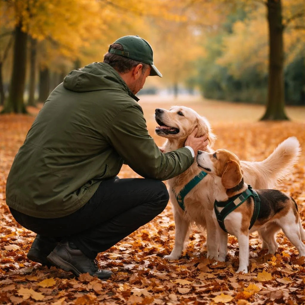 Dog walker in Whitchurch park with dogs in autumn
