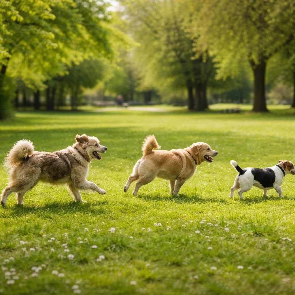 Dogs playing together in a local park in Llandaff North